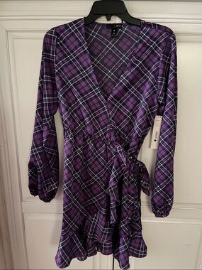 Aqua Purple Plaid Wrap Dress with Tie Waist